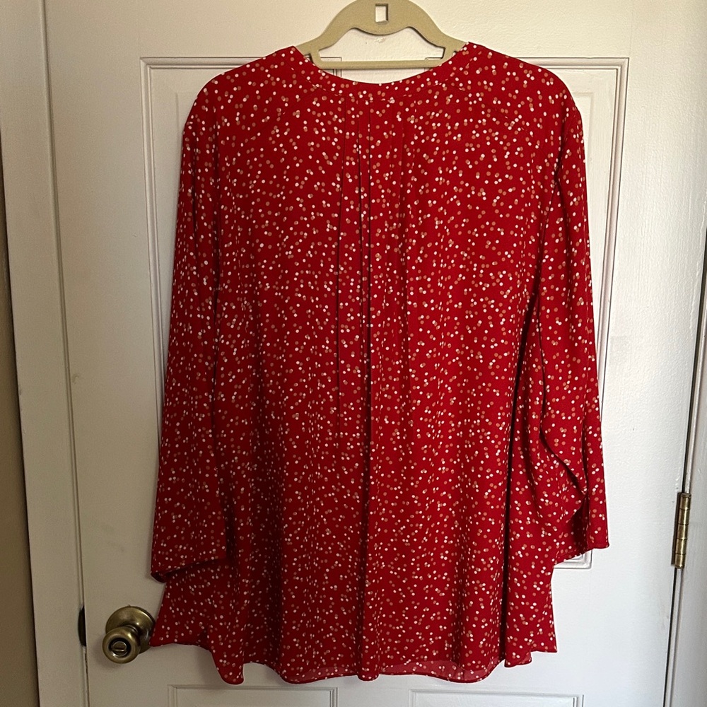 NYDJ V-Neck Red Blouse with White Dots - Picture 3 of 3